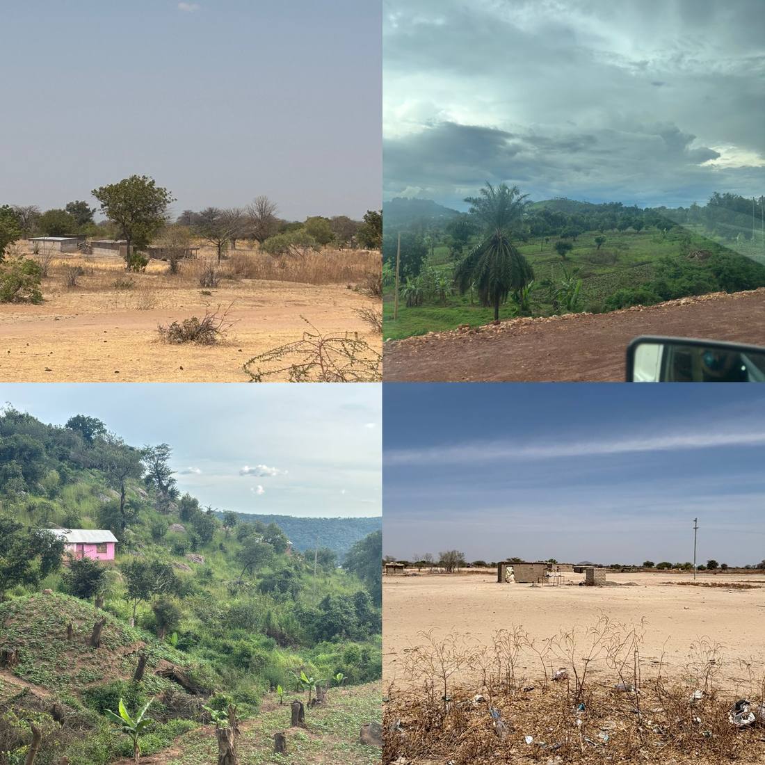 Four photos contrasting drought-prone and non-drought-prone study sites in Tanzania